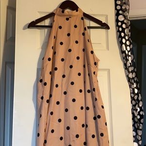 Tan and black polka dot dress with tie neck